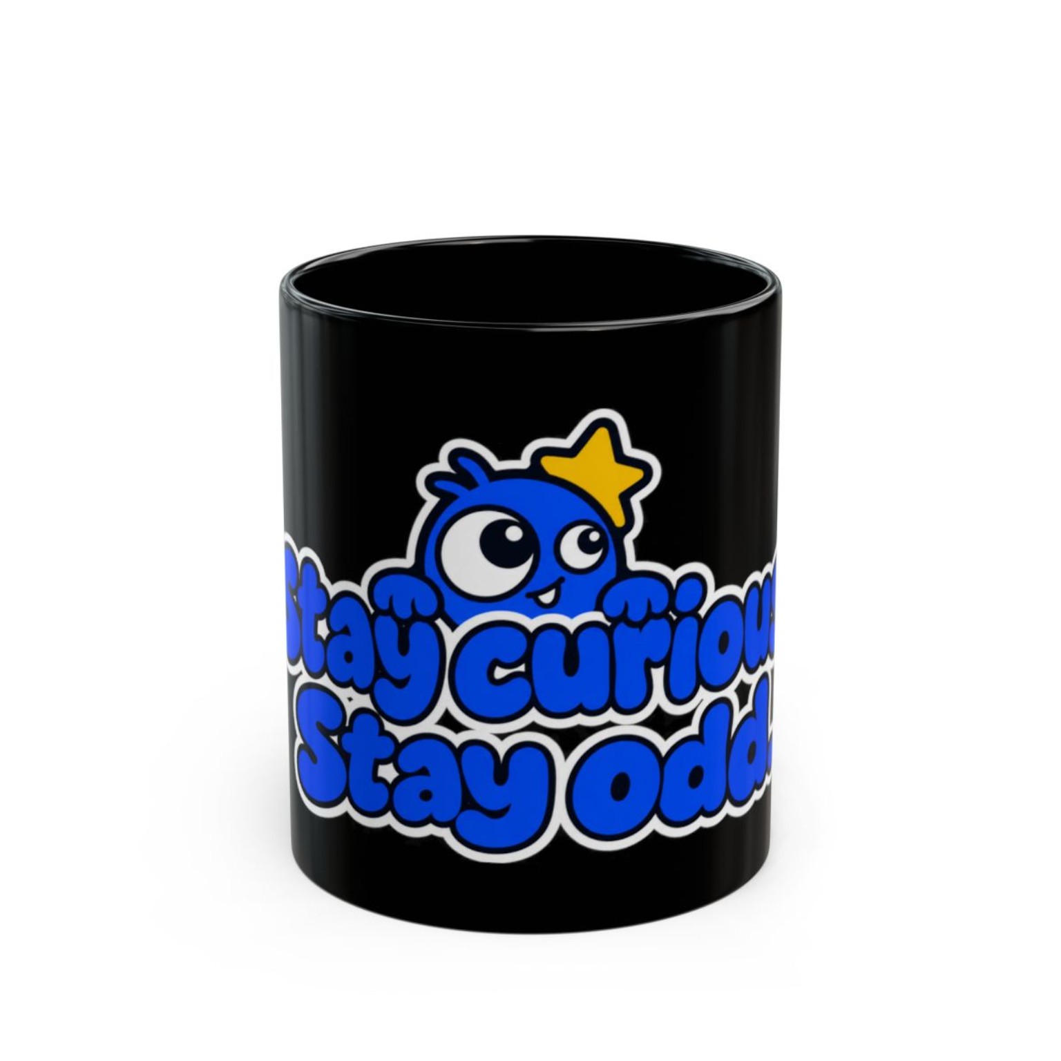 Black OddBall mug with the blue mascot and Stay curious, Stay odd design